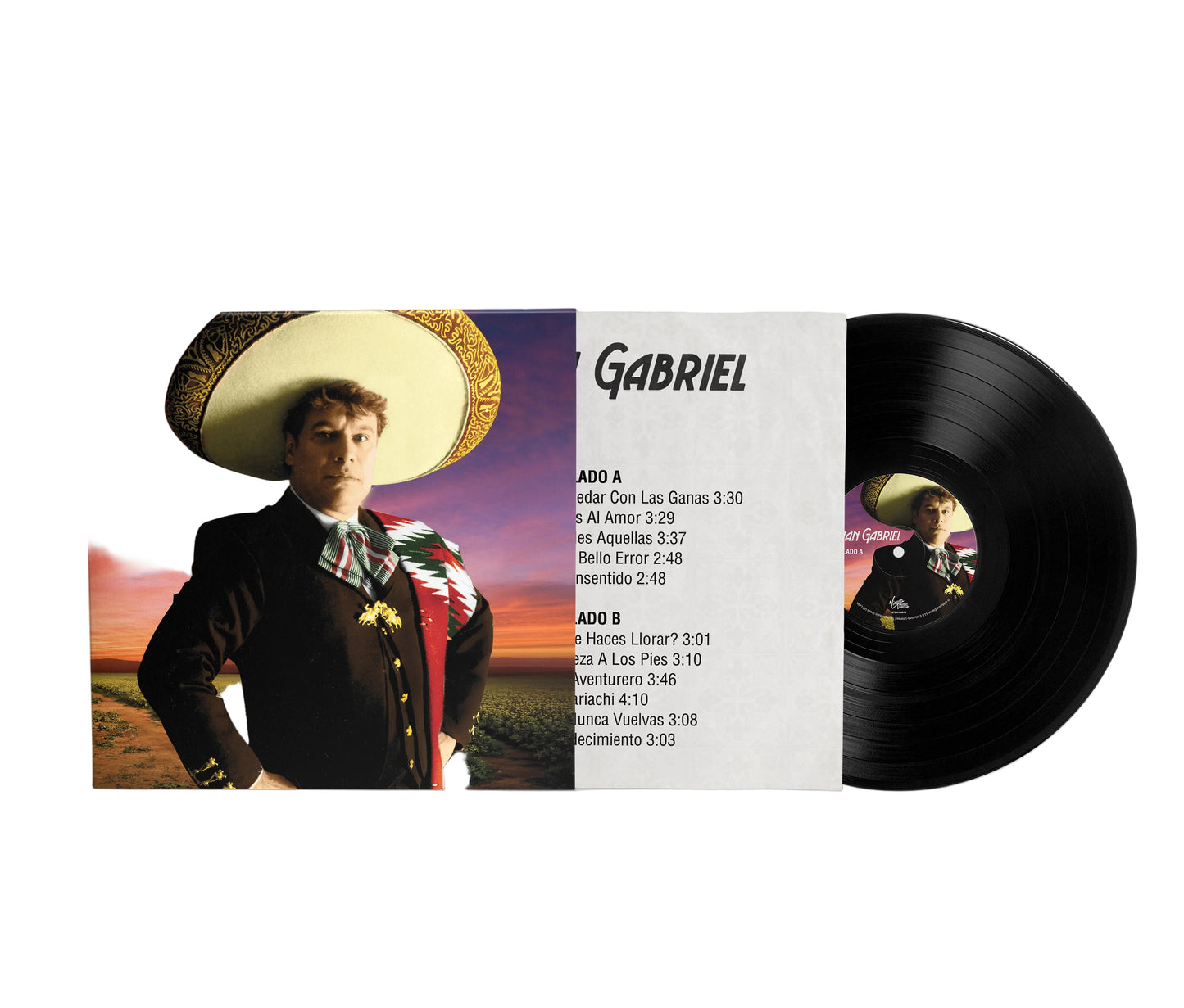Vinyl record with cover featuring a person wearing a sombrero on a gray background