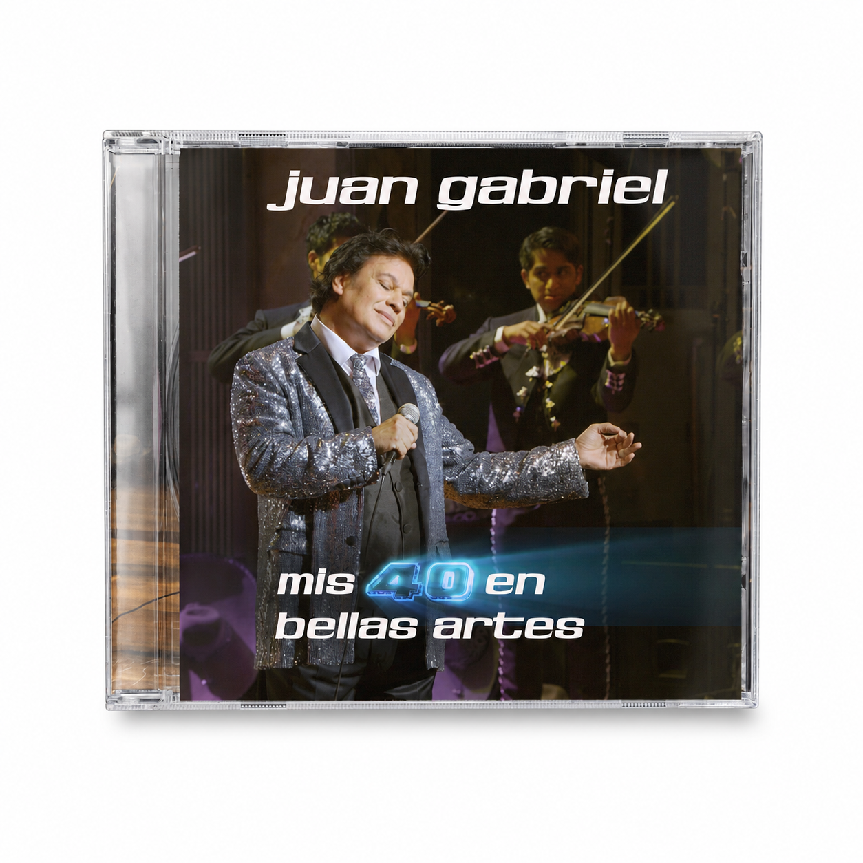 CD cover of Juan Gabriel's album 'Mis 40 en bellas artes' with a man in a suit and another playing violin.