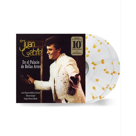 Juan Gabriel 'En el Palacio de Bellas Artes' CD album with a black cover featuring a photo of the artist and two translucent white records with gold speckles, shown on a white background.