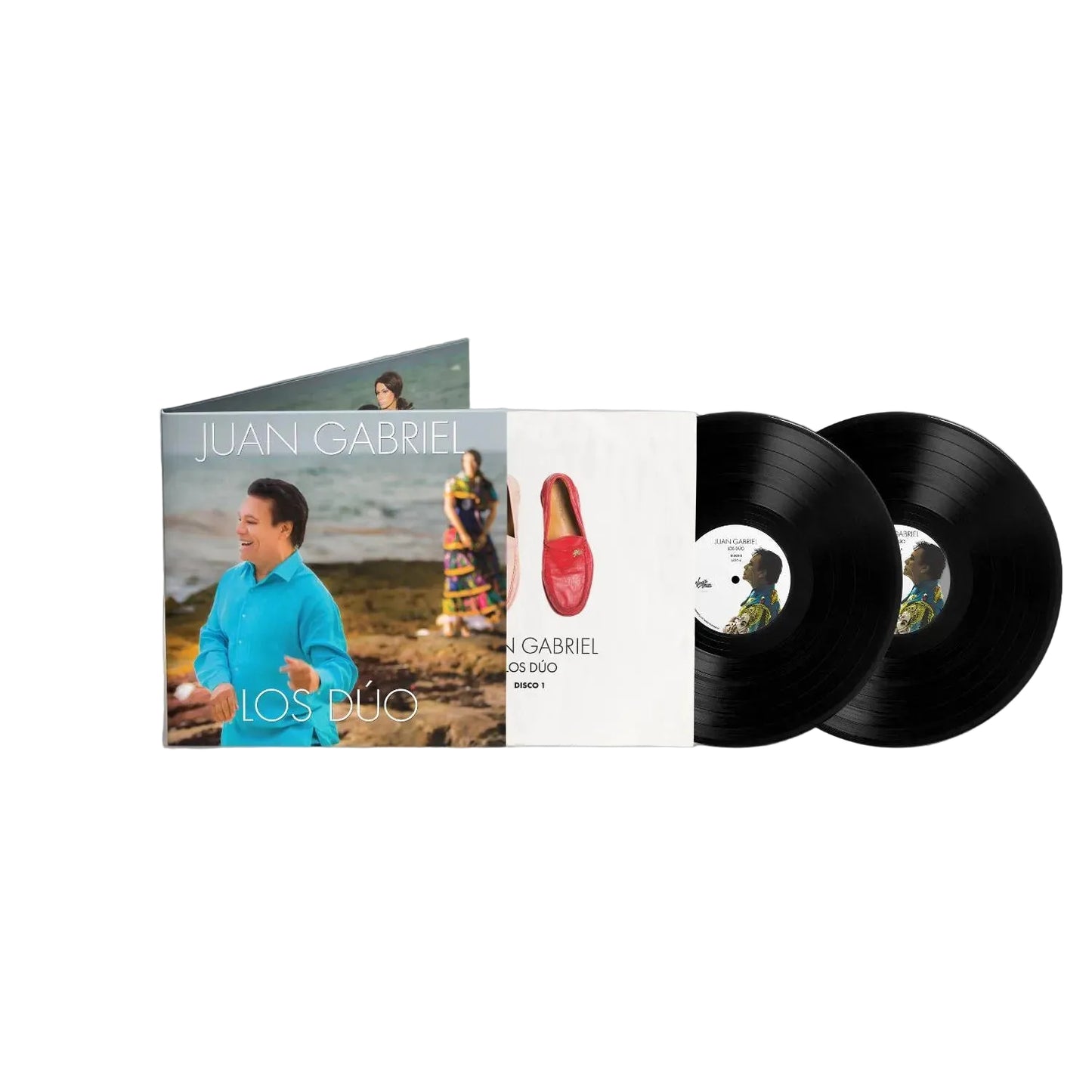 Vinyl records with a cover featuring images of people and text on a gray background